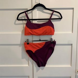 Athleta Bikini Set, Maroon/Orange square top and good coverage bottom, size XS